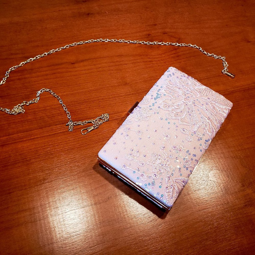 Beautiful soft pink beaded/sequined clutch with shoulder chain